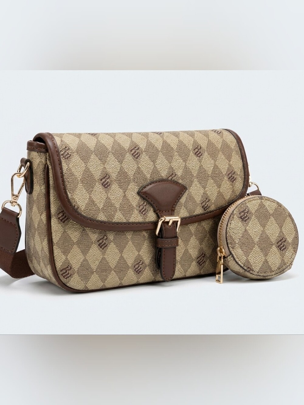 Vintage Style Monogram Brown Check Crossbody Bag + Coin Purse